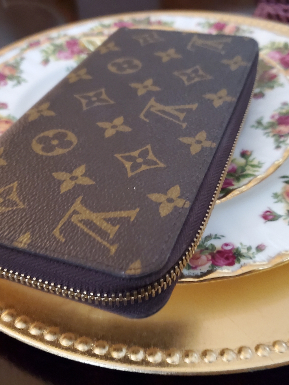 Louis Vuitton Brown Monogram Zip Wallet with Gold-Tone Hardware